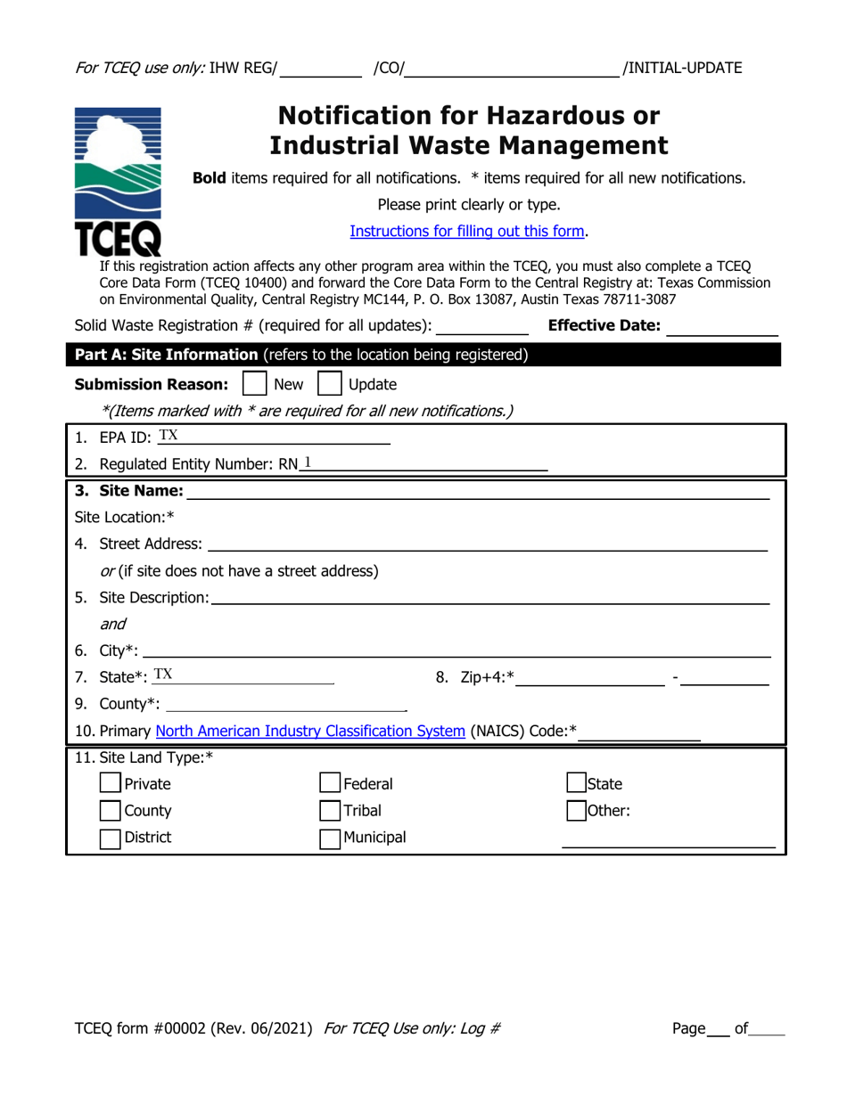 Form TCEQ-00002 Notification for Hazardous or Industrial Waste Management - Texas, Page 1