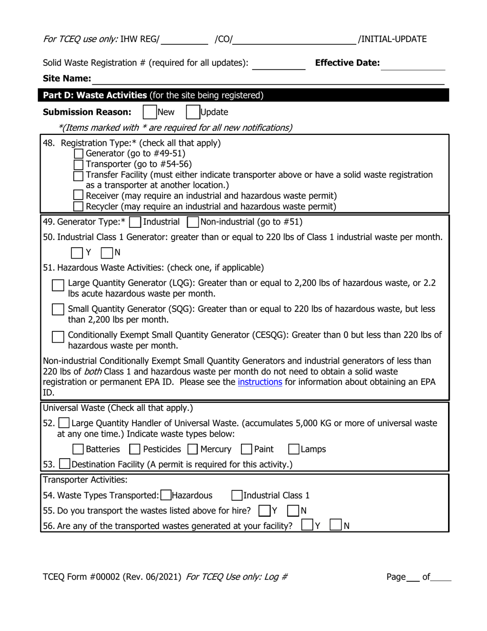 Form TCEQ-00002 Notification for Hazardous or Industrial Waste Management - Texas, Page 4