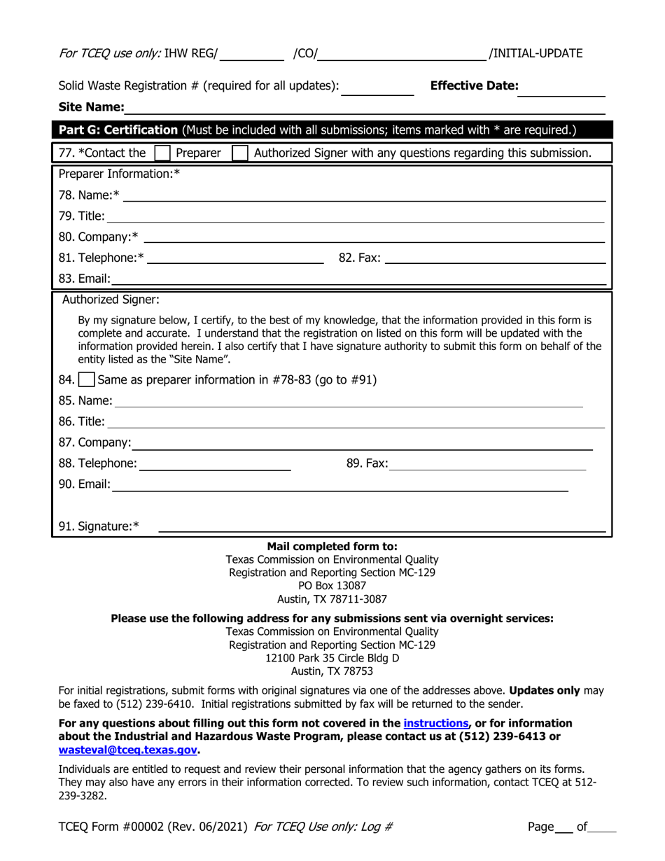 Form TCEQ-00002 Notification for Hazardous or Industrial Waste Management - Texas, Page 7