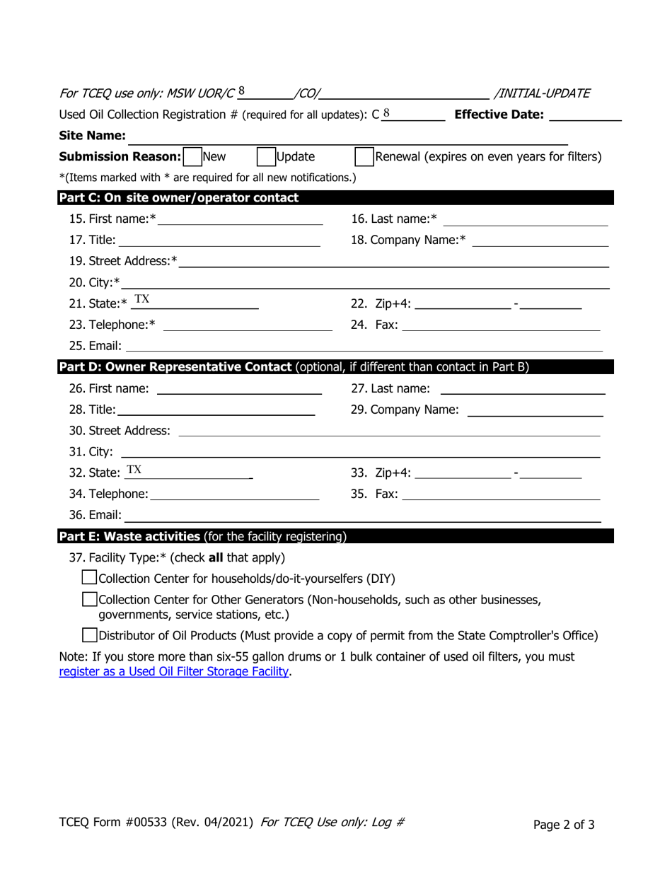 Form TCEQ-00533 Registration for Used Oil Collection Center - Texas, Page 2