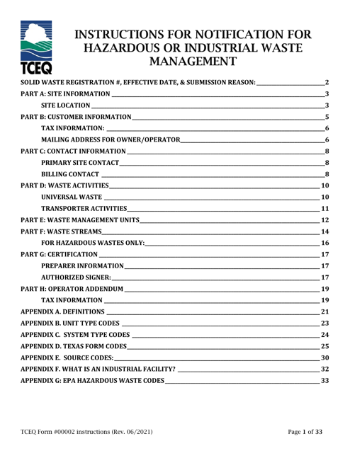 Instructions for Form TCEQ-00002 Notification for Hazardous or Industrial Waste Management - Texas