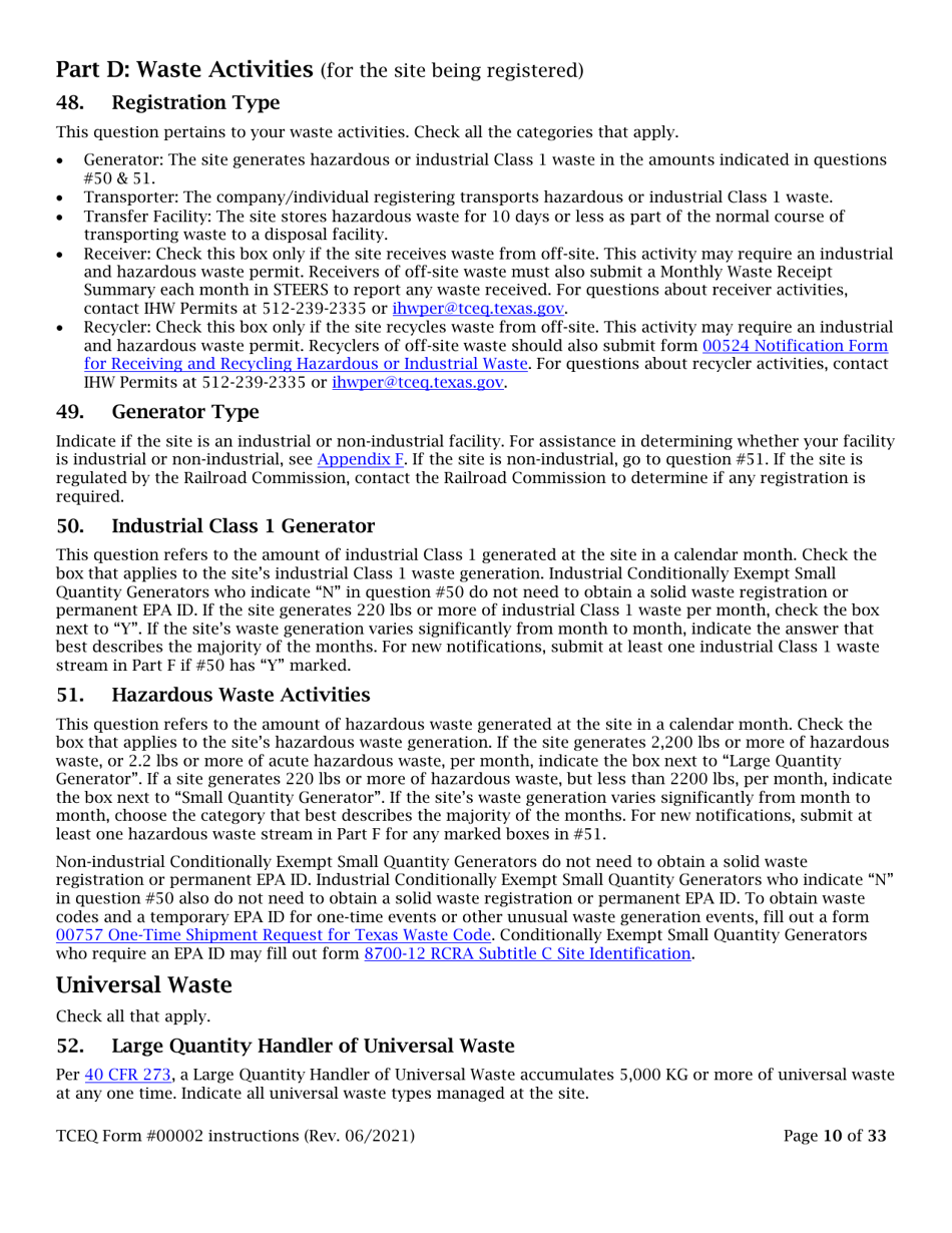 Instructions for Form TCEQ-00002 Notification for Hazardous or Industrial Waste Management - Texas, Page 10