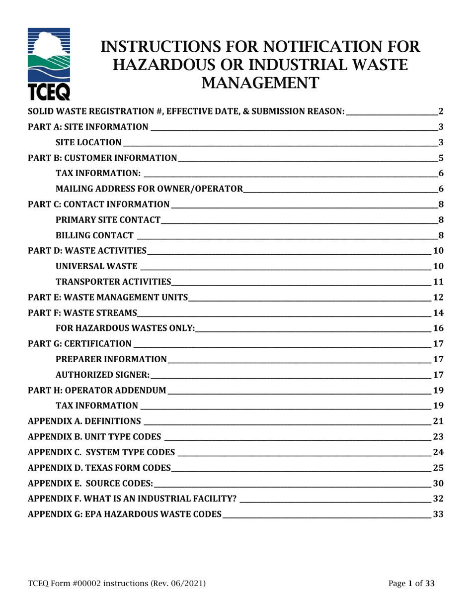 Instructions for Form TCEQ-00002 Notification for Hazardous or Industrial Waste Management - Texas, Page 1