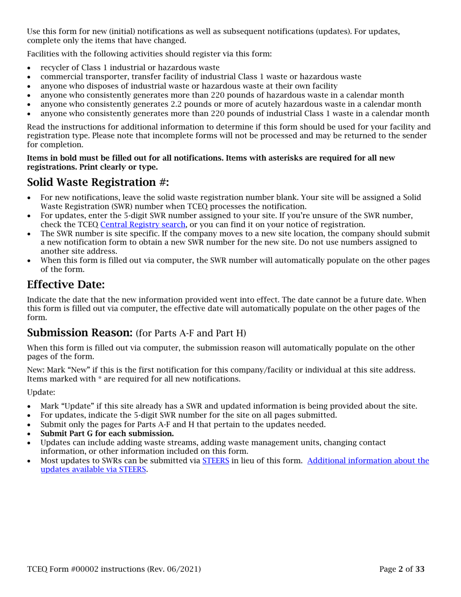 Instructions for Form TCEQ-00002 Notification for Hazardous or Industrial Waste Management - Texas, Page 2