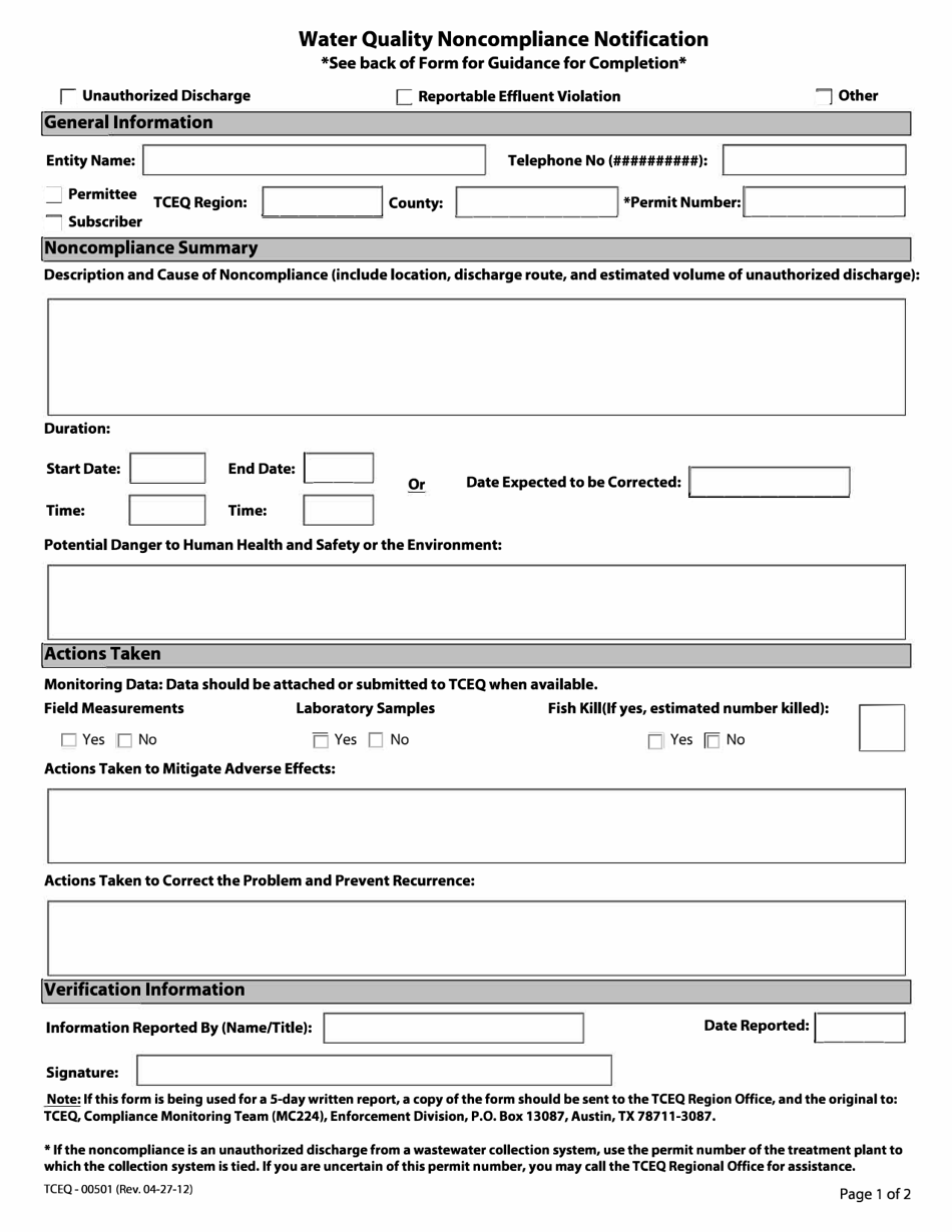 Form TCEQ-00501 Water Quality Noncompliance Notification - Texas, Page 1