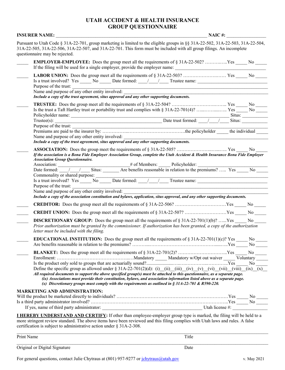 Utah Accident  Health Insurance Group Questionnaire - Utah, Page 1