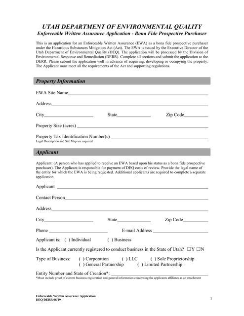 Enforceable Written Assurance Application - Bona Fide Prospective Purchaser - Utah Download Pdf