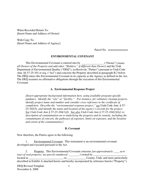 Environmental Covenant Template - Utah Download Pdf