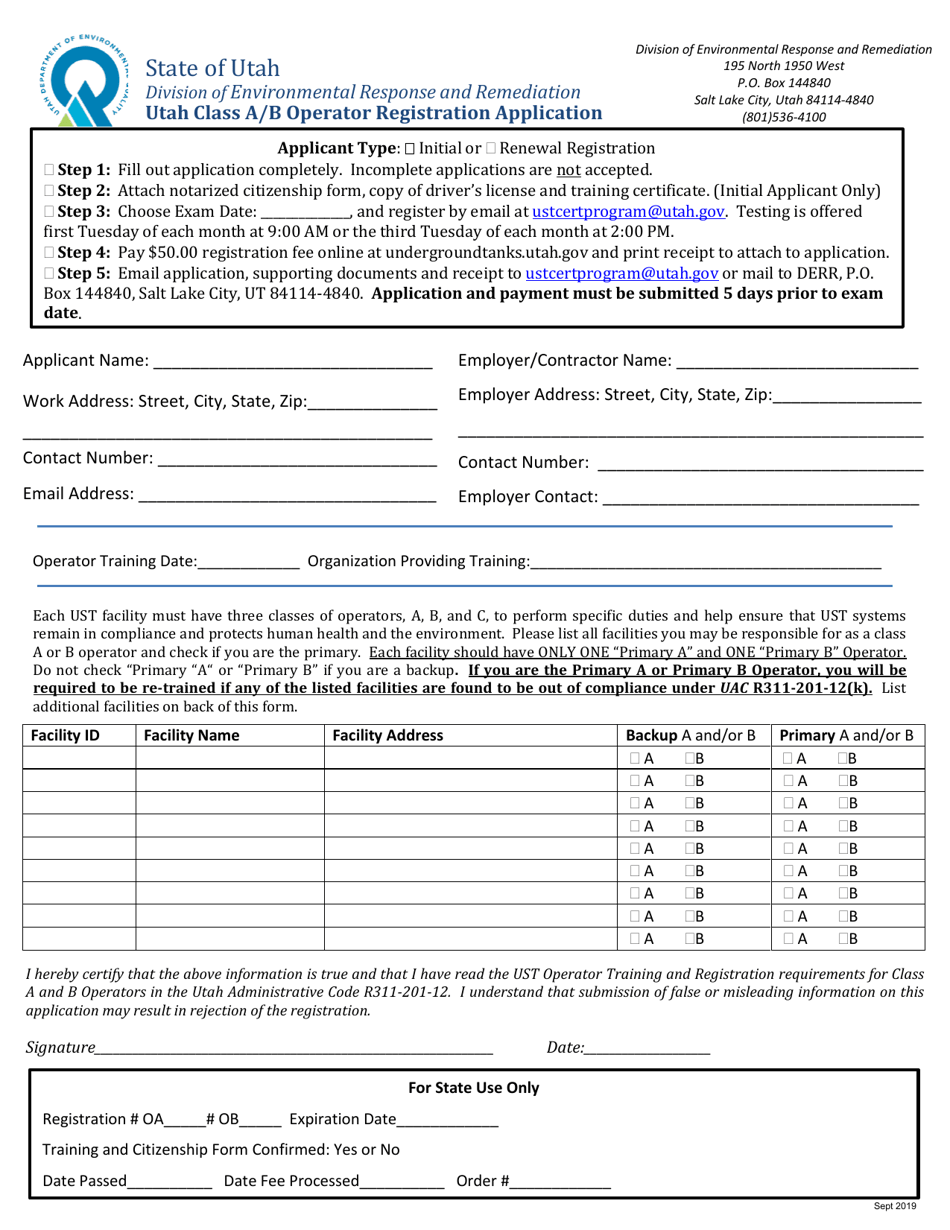 Utah Class a / B Operator Registration Application - Utah, Page 1
