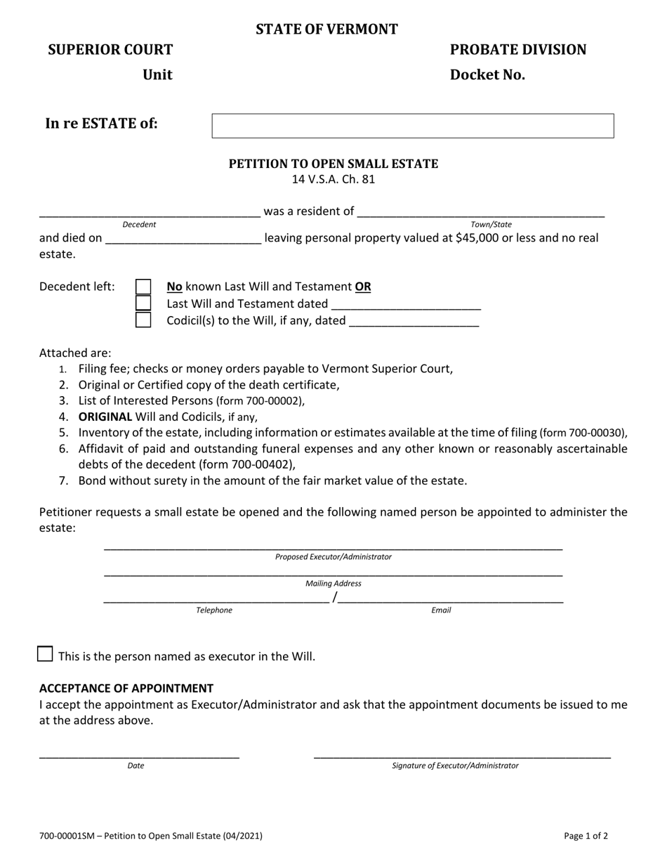 Form 700-00001SM Petition to Open Small Estate - Vermont, Page 1