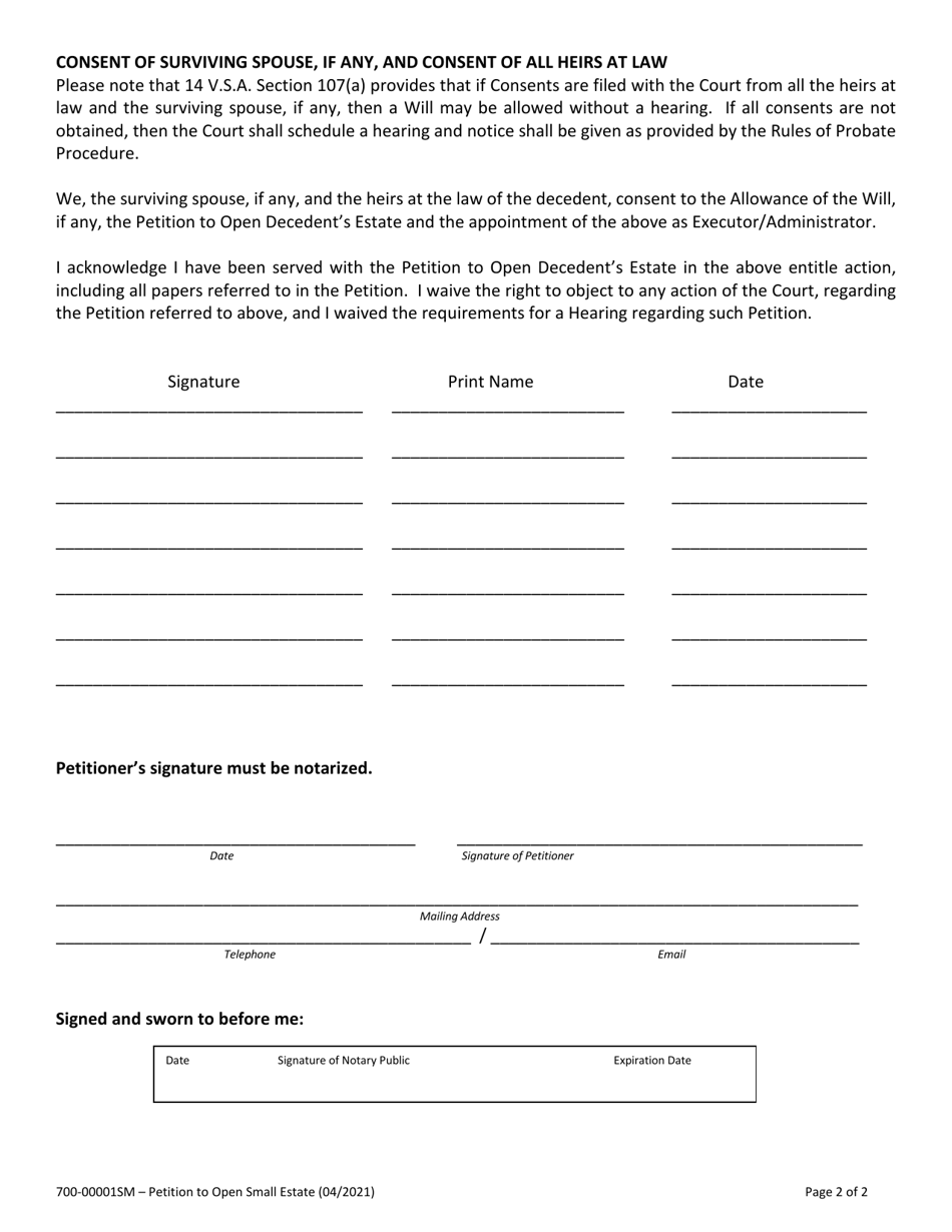 Form 700-00001SM Petition to Open Small Estate - Vermont, Page 2