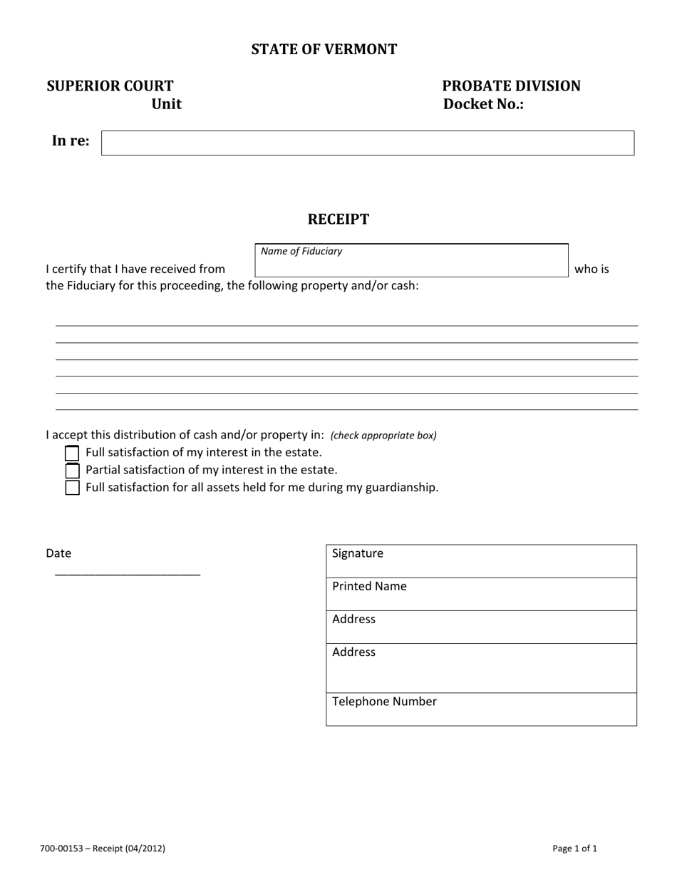 Form 700-00153 Receipt - Vermont, Page 1