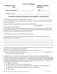 Form 200-00362 Waiver of Further Appearance and Request to Enter Plea - Vermont