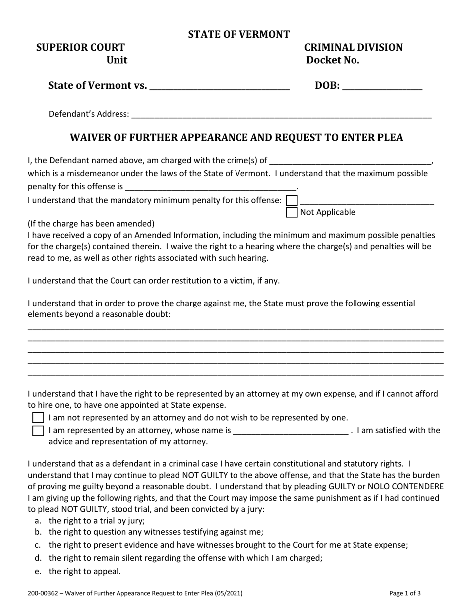 Form 200-00362 Waiver of Further Appearance and Request to Enter Plea - Vermont, Page 1