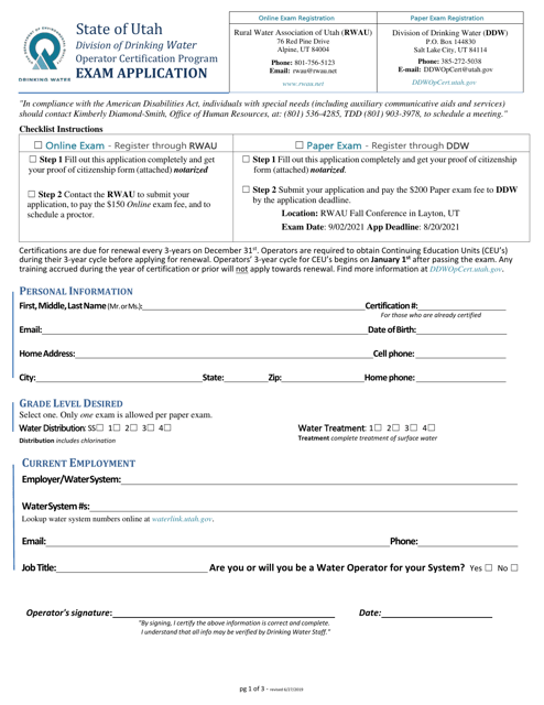 Operator Certification Program Exam Application - Utah, 2021