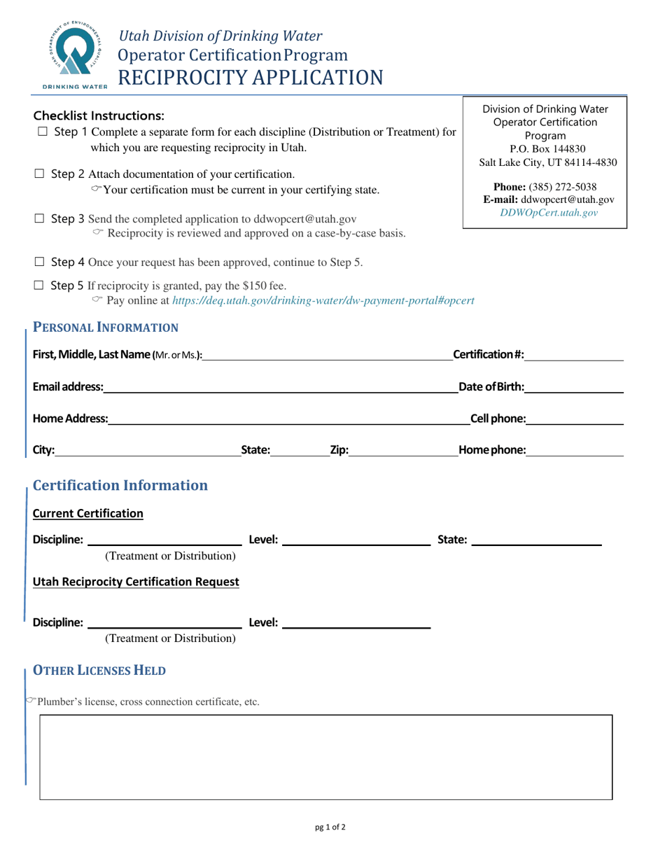 Reciprocity Application - Operator Certification Program - Utah, Page 1