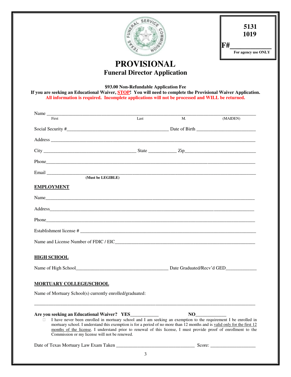Provisional Funeral Director Application - Texas, Page 3