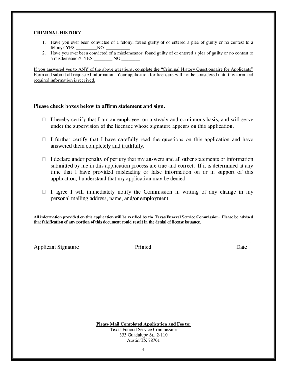 Provisional Funeral Director Application - Texas, Page 4