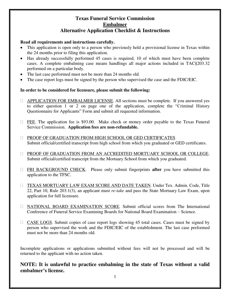 Alternative Embalmer Application - Texas, Page 1