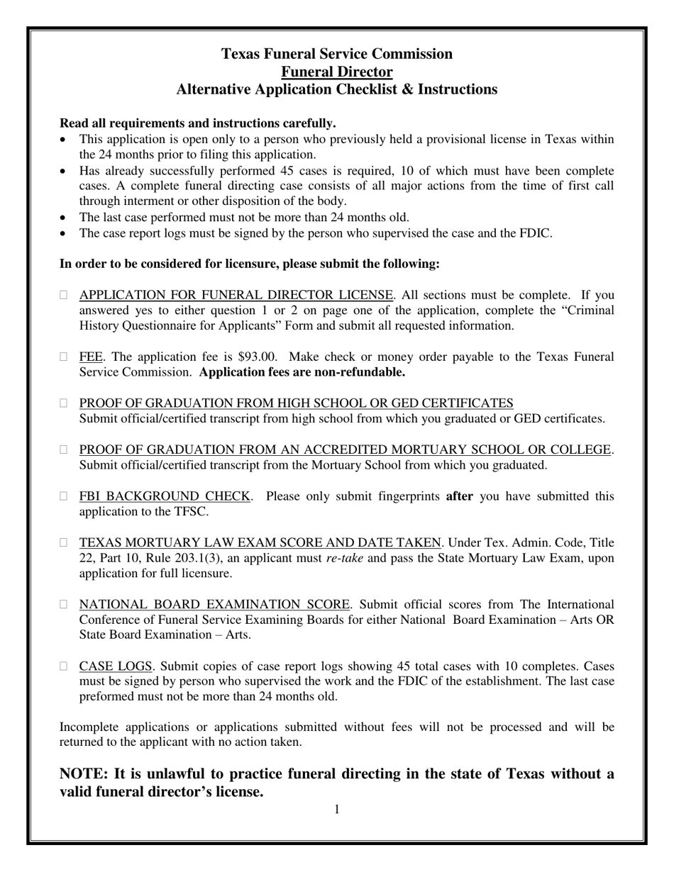 Alternative Funeral Director Application - Texas, Page 1