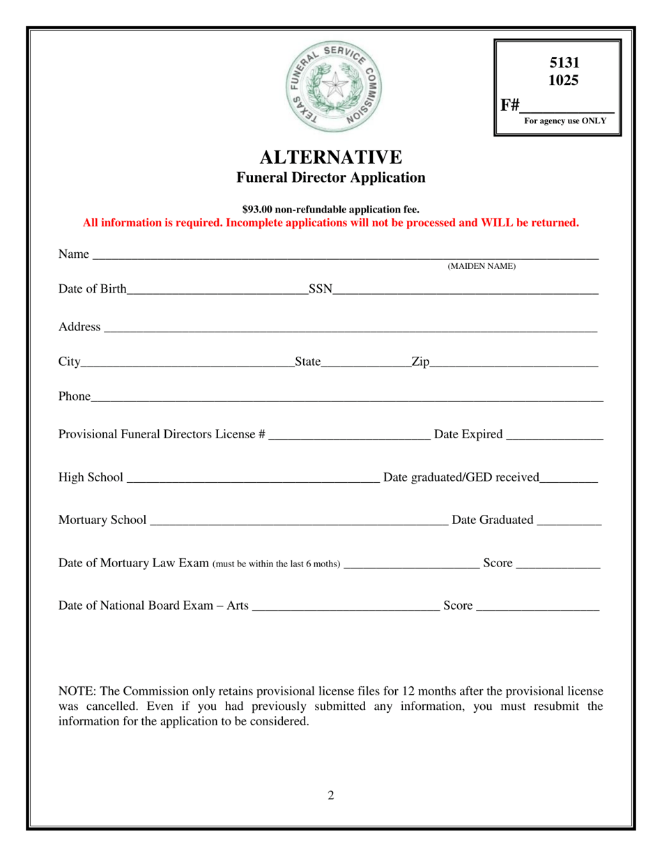 Alternative Funeral Director Application - Texas, Page 2