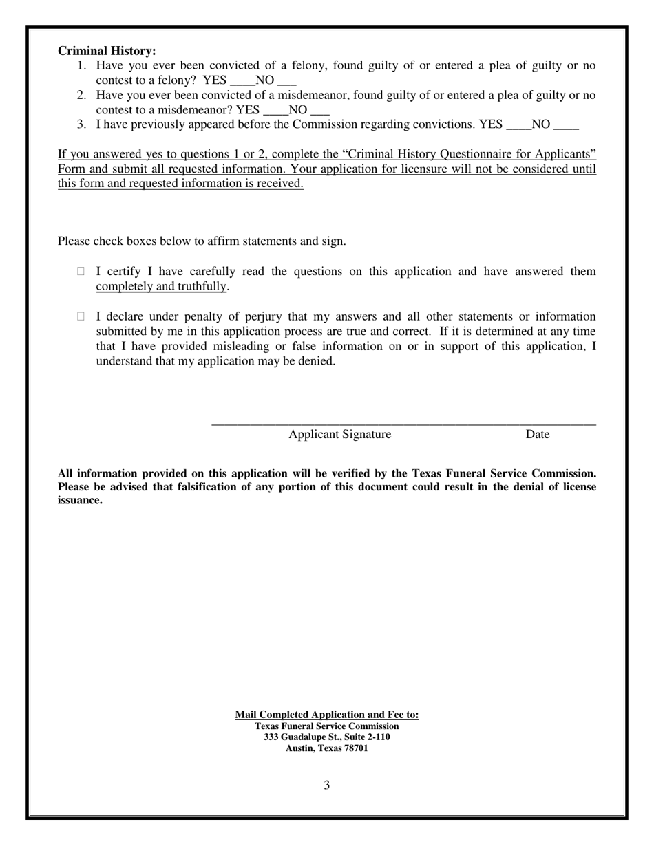 Alternative Funeral Director Application - Texas, Page 3