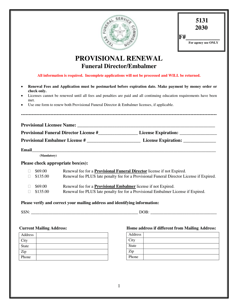Texas Provisional Funeral Director/Embalmer Renewal Application