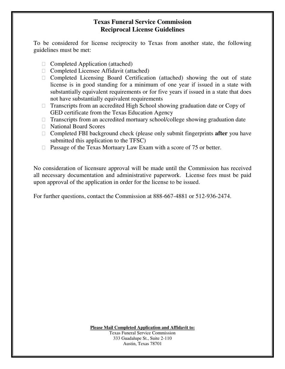 Reciprocal Funeral Director / Embalmer License Application - Texas, Page 1