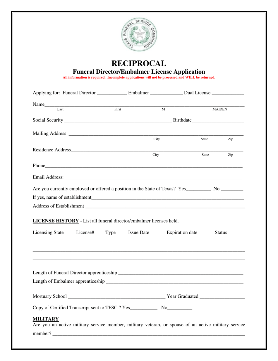 Reciprocal Funeral Director / Embalmer License Application - Texas, Page 2