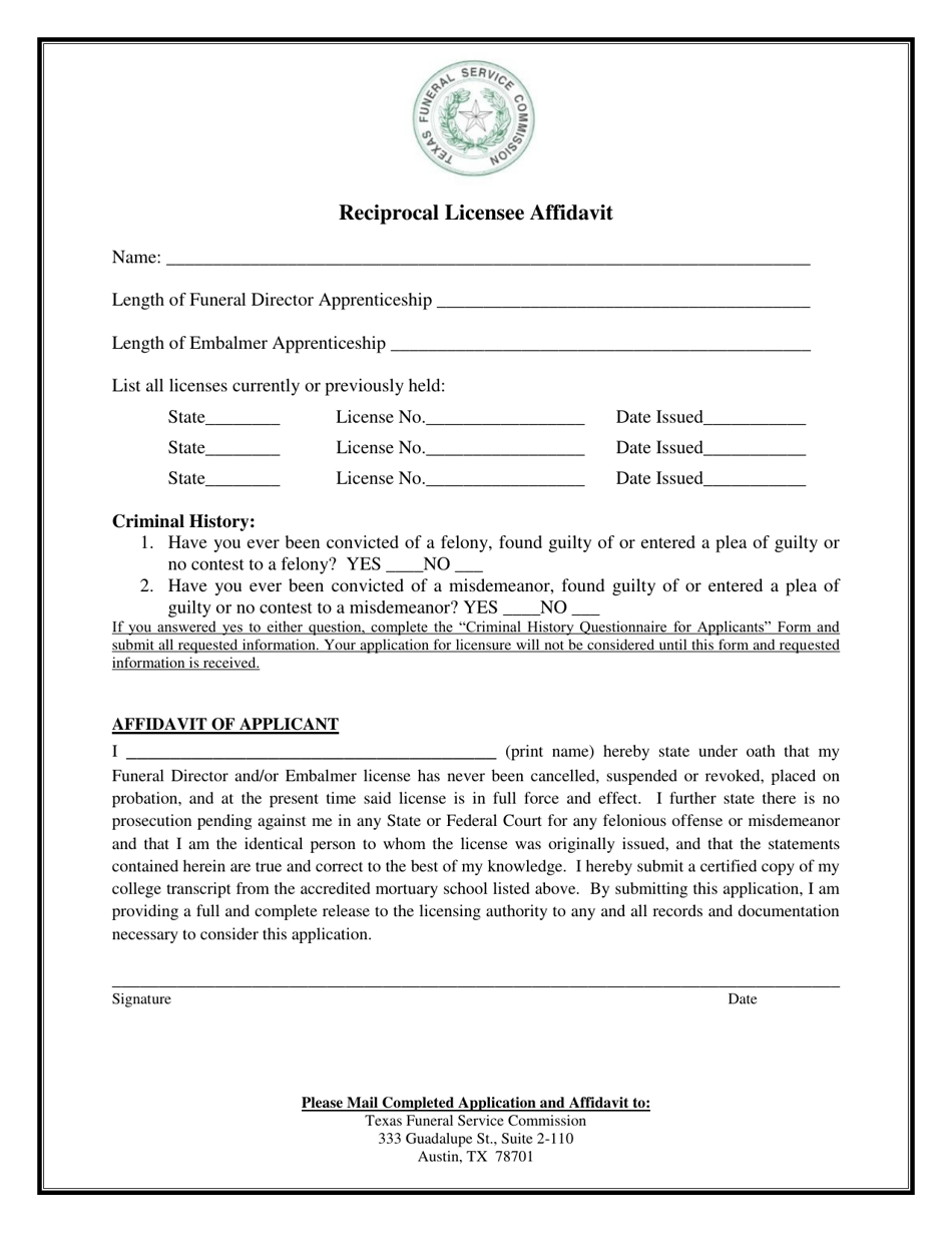 Texas Reciprocal Funeral Director/Embalmer License Application Fill