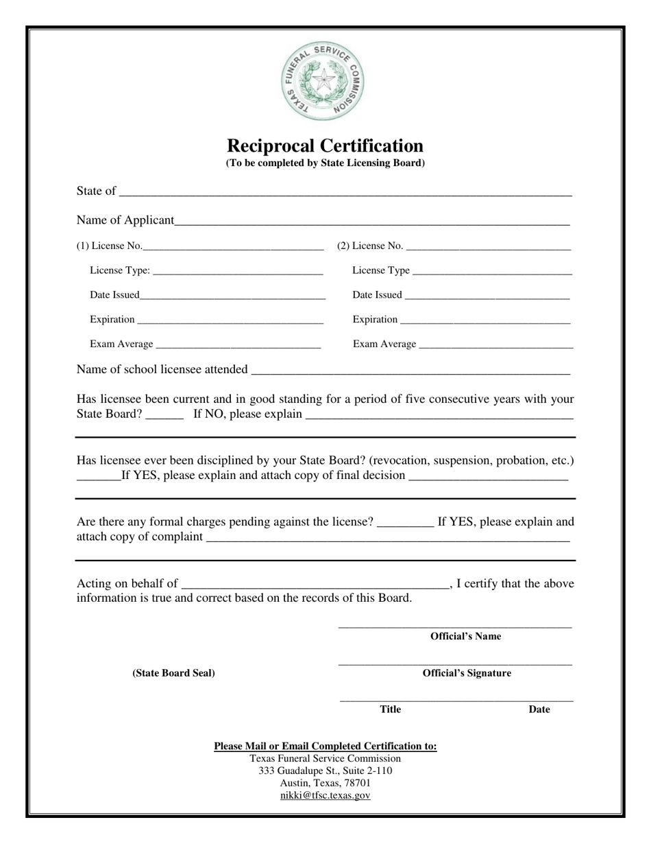 Texas Reciprocal Funeral Director/Embalmer License Application Fill