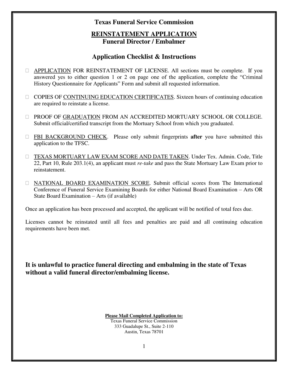 Reinstatement Application - Texas, Page 1