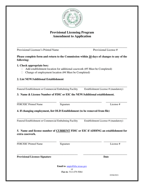 Provisional Licensing Program Amendment to Application - Texas Download Pdf