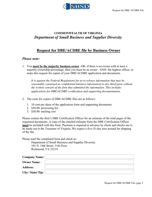 Request for Dbe / Acdbe File by Business Owner - Virginia Download Pdf
