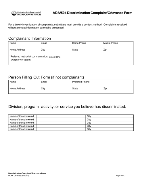 DCYF Form 05-305 Ada/504 Discrimination Complaint/Grievance Form - Washington