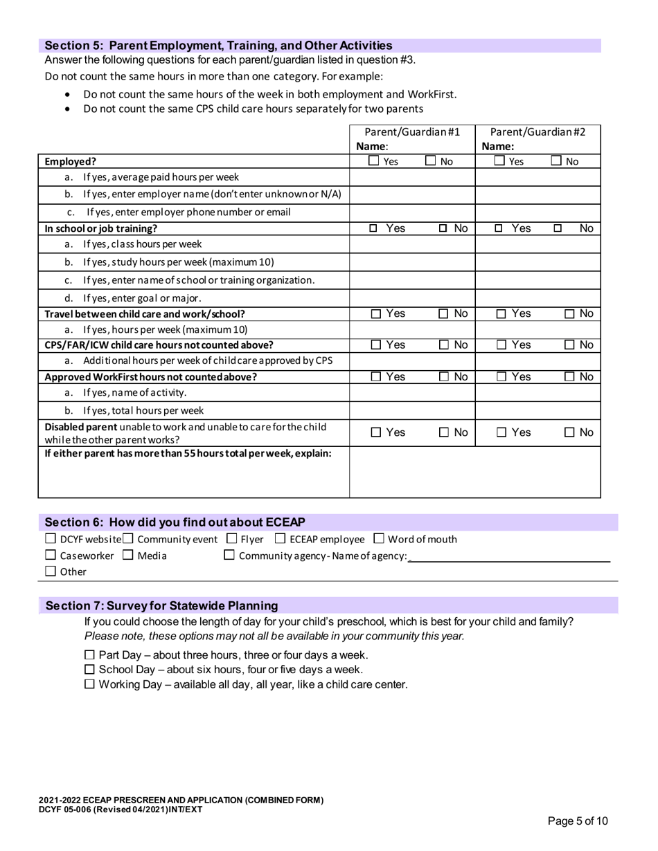 DCYF Form 05-006 Eceap Prescreen  Application (Combined Form) - Washington, Page 5