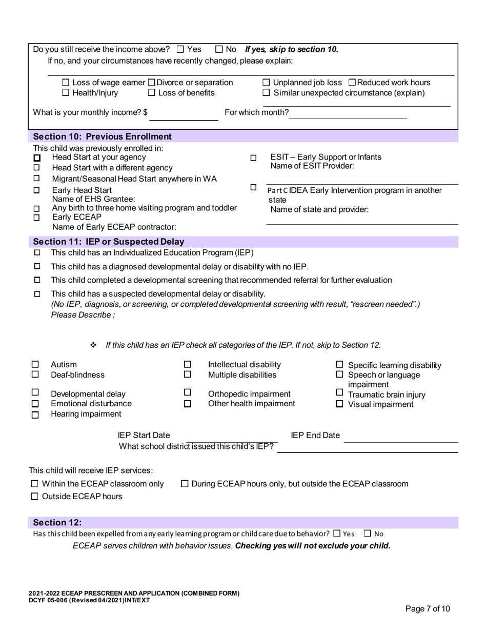 DCYF Form 05-006 Eceap Prescreen  Application (Combined Form) - Washington, Page 7