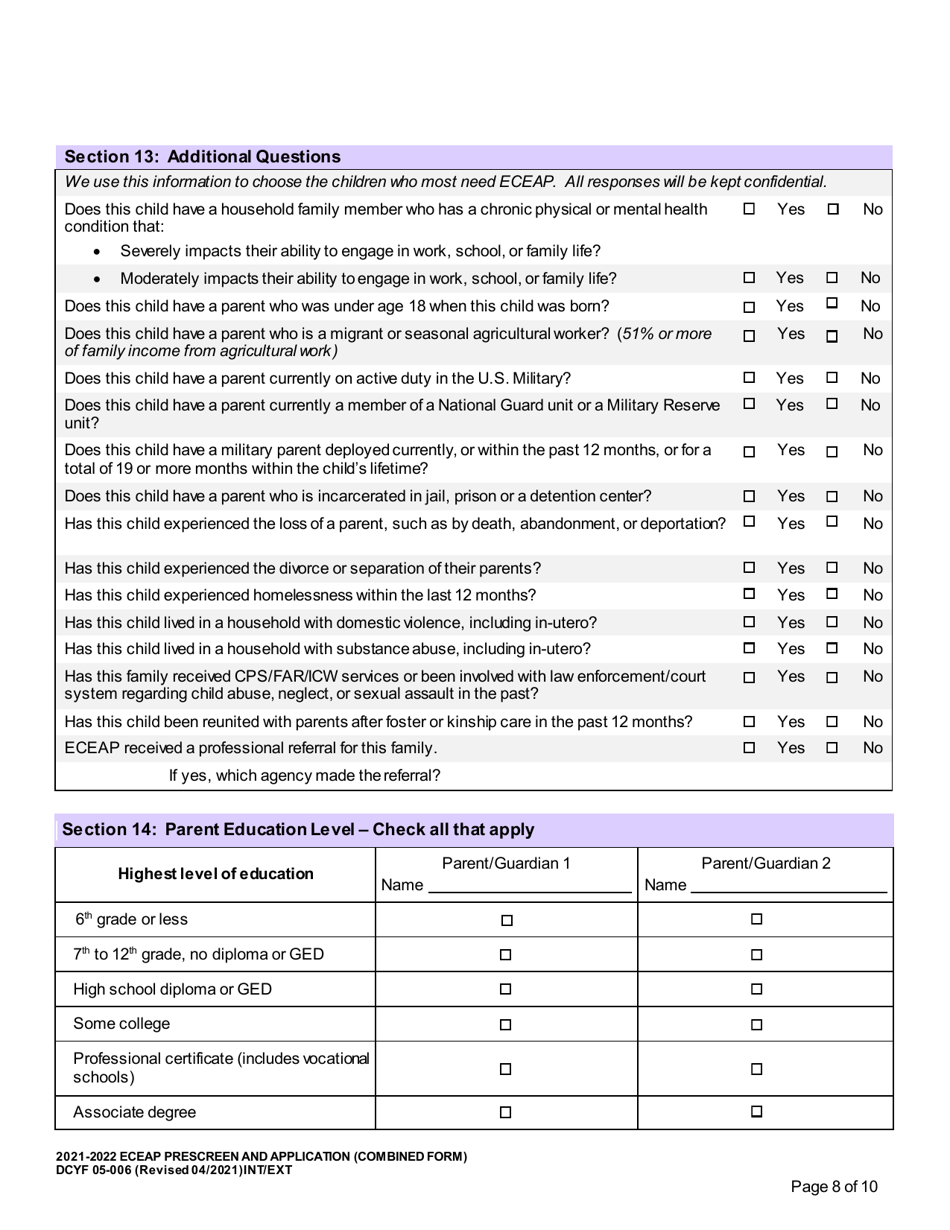 DCYF Form 05-006 Eceap Prescreen  Application (Combined Form) - Washington, Page 8