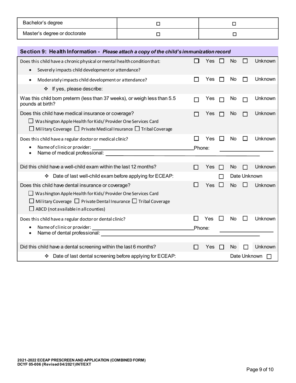 DCYF Form 05-006 Eceap Prescreen  Application (Combined Form) - Washington, Page 9