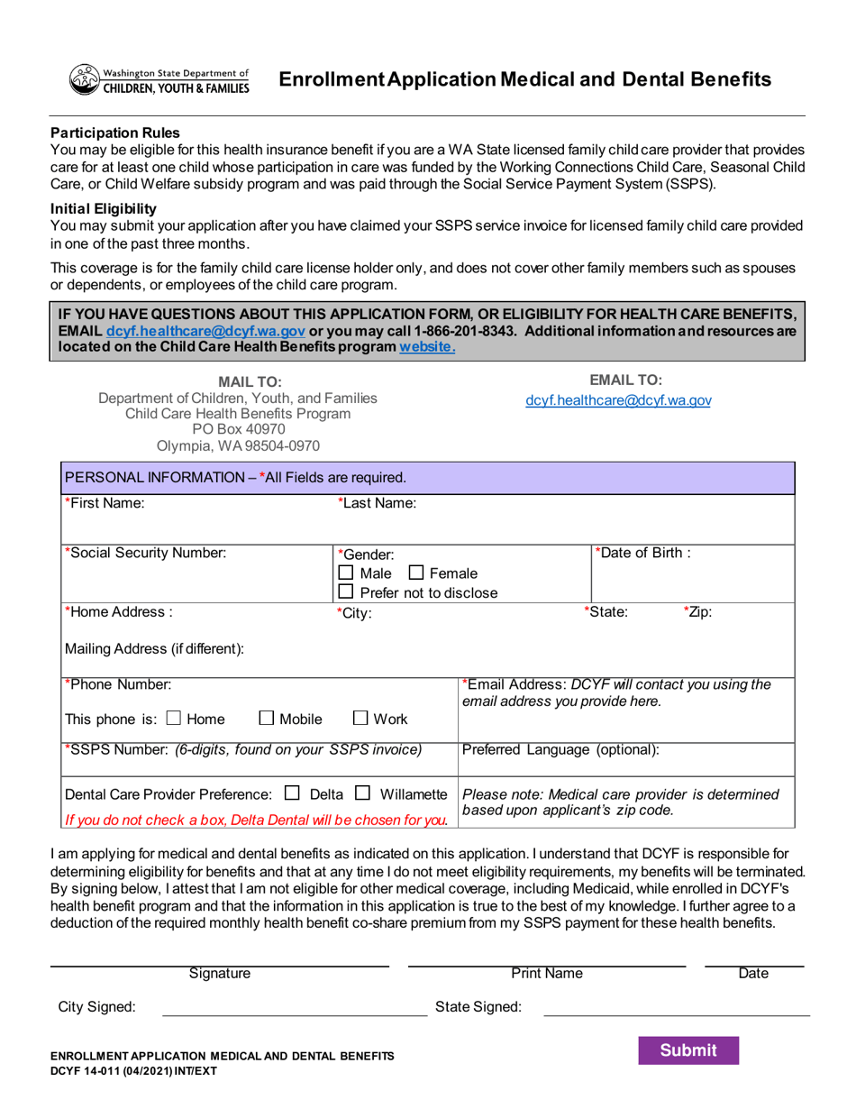 DCYF Form 14-011 Enrollment Application Medical and Dental Benefits - Washington, Page 1