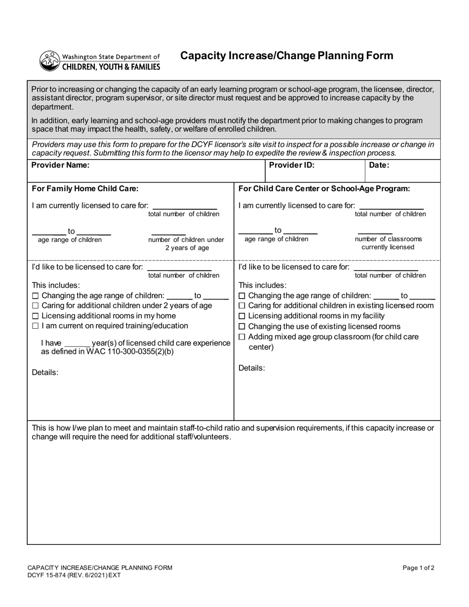 DCYF Form 15-874 Capacity Increase / Change Planning Form - Washington, Page 1