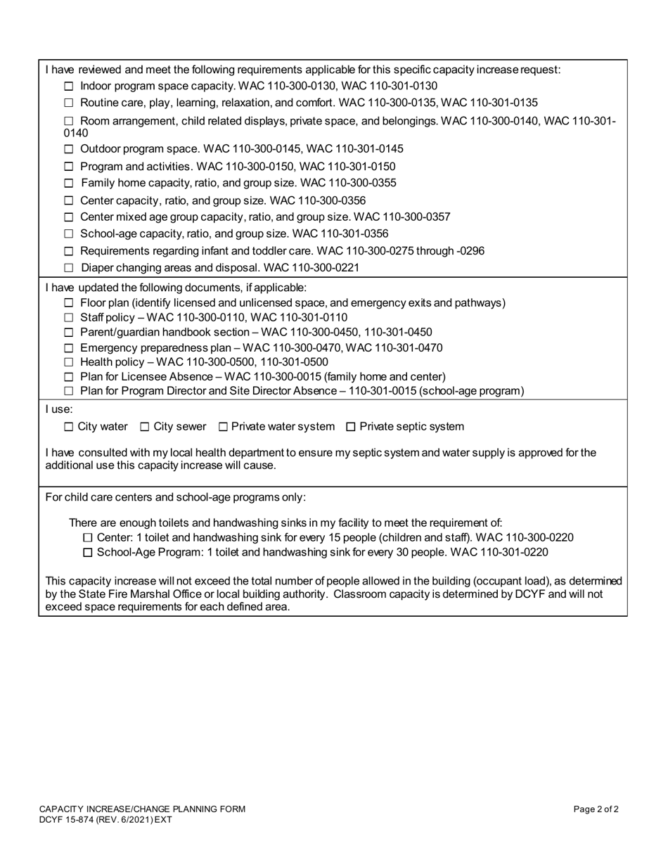 DCYF Form 15-874 Capacity Increase / Change Planning Form - Washington, Page 2