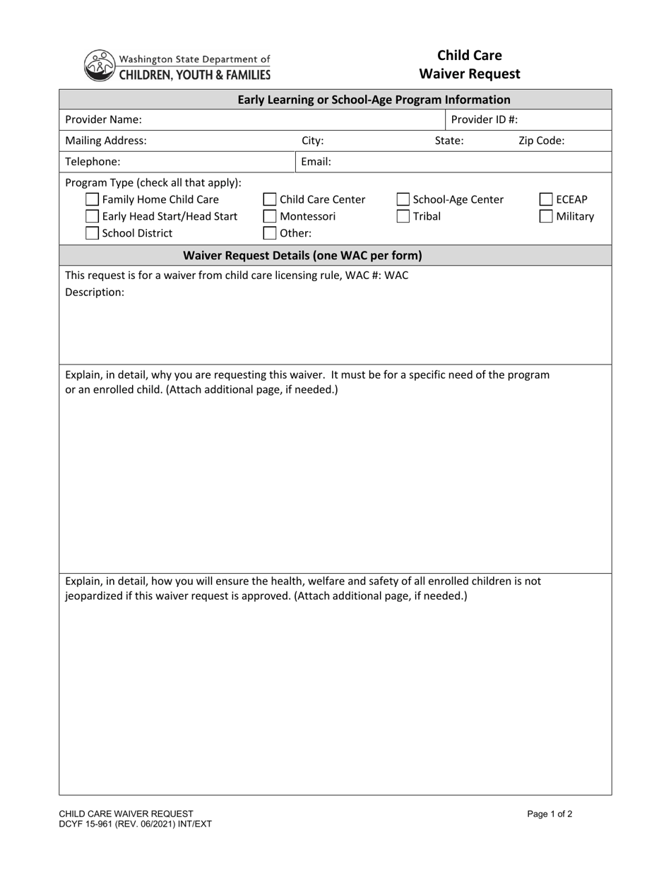 DCYF Form 15-961 Child Care Waiver Request - Washington, Page 1