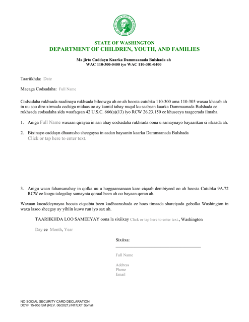 DCYF Form 15-956 No Social Security Card Declaration - Washington (Somali)