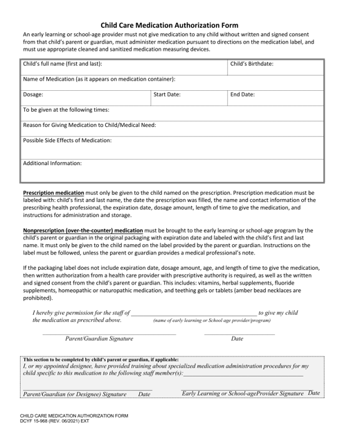 DCYF Form 15-968 Child Care Medication Authorization Form - Washington