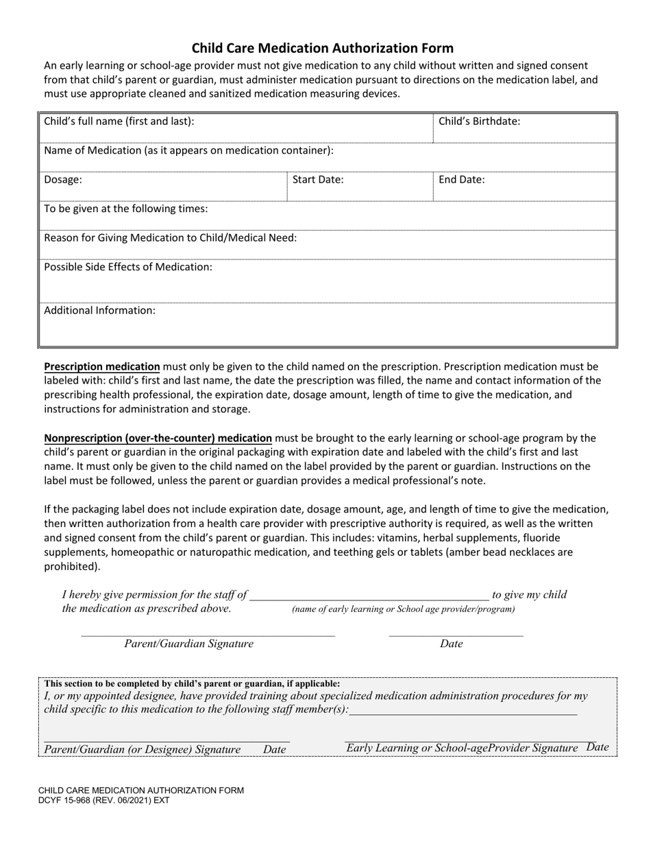 DCYF Form 15-968 Child Care Medication Authorization Form - Washington, Page 1