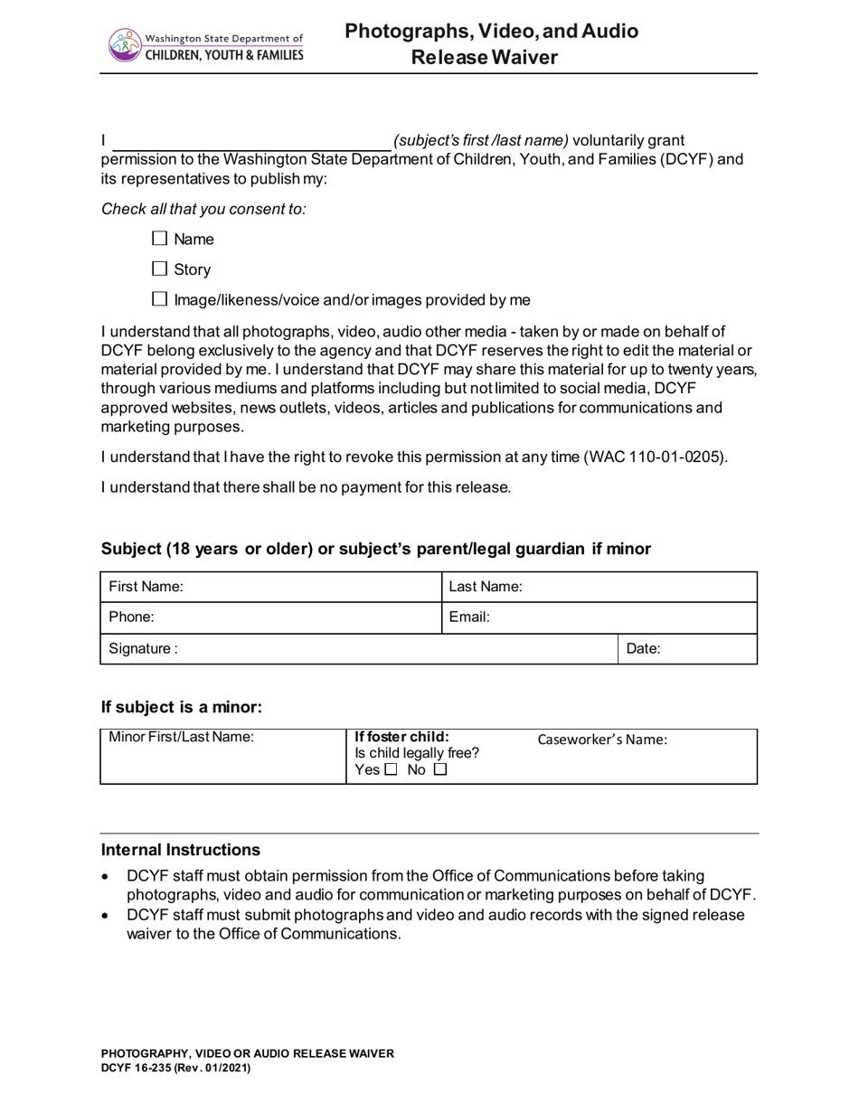 DCYF Form 16-235 Photographs, Video, and Audio Release Waiver - Washington, Page 1