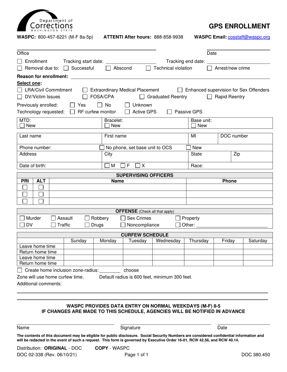 Form DOC02-338 Gps Enrollment - Washington, Page 1