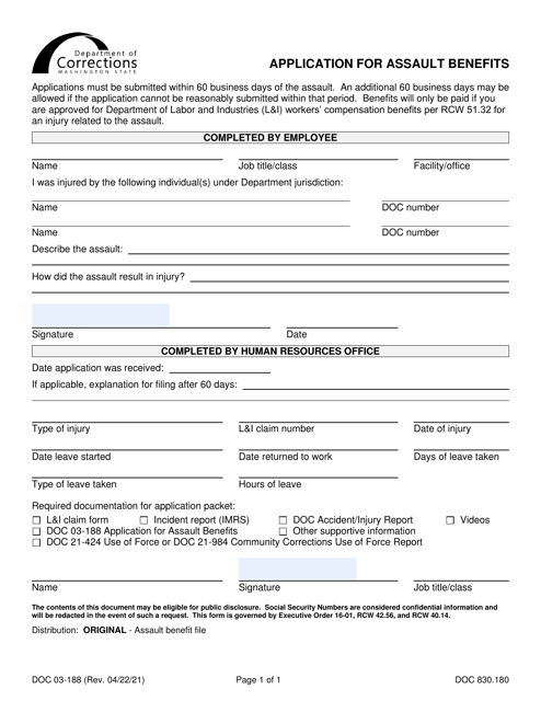 Form DOC03-188 Application for Assault Benefits - Washington