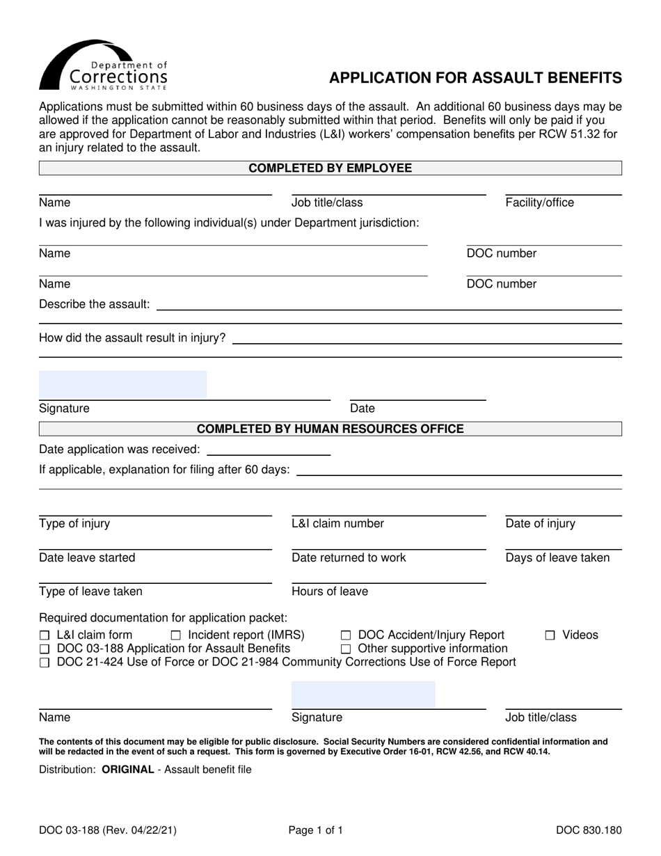 Form DOC03-188 Application for Assault Benefits - Washington, Page 1